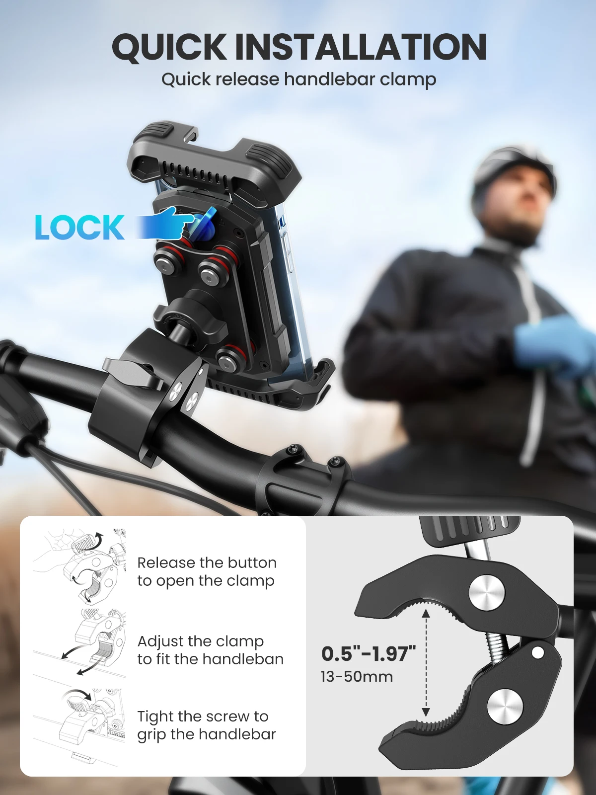 Bike Motorcycle Phone Holder -Dual Vibration Dampener, Tool-Free Handlebar Clip & Secure Lock for All 4.7-6.9" Phones