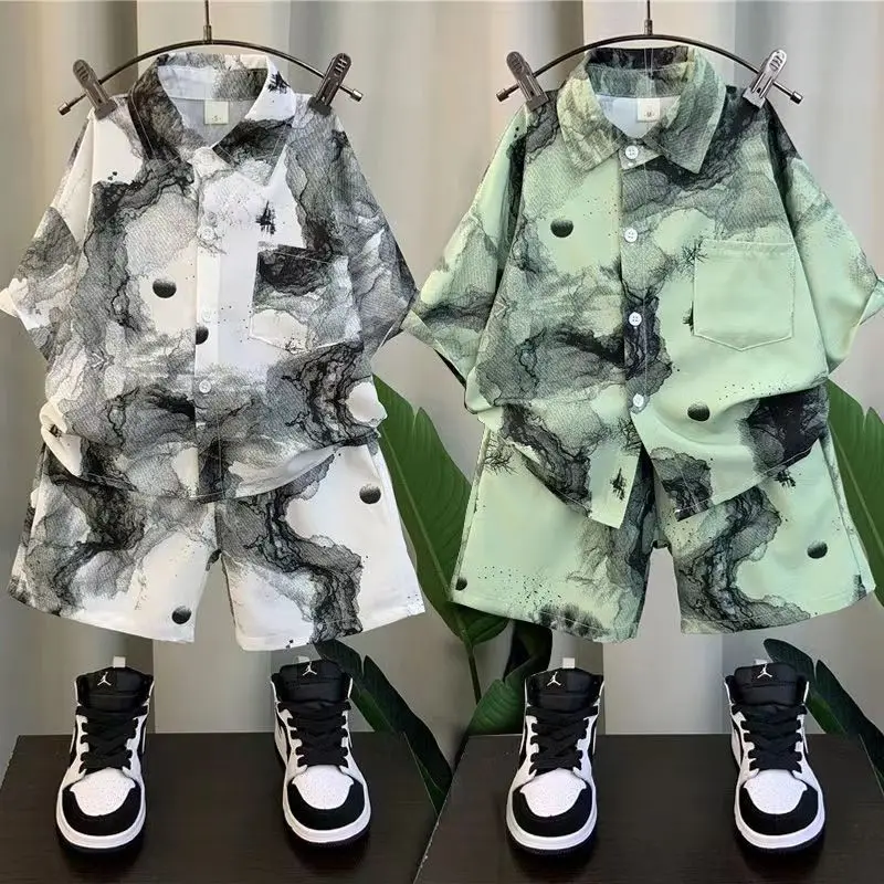 

New 2024 Summer Kids Clothes Sets Baby Boys Short Sleeve Lapel Tie-dye Print Shirt Top with Shorts Children Casual Clothing