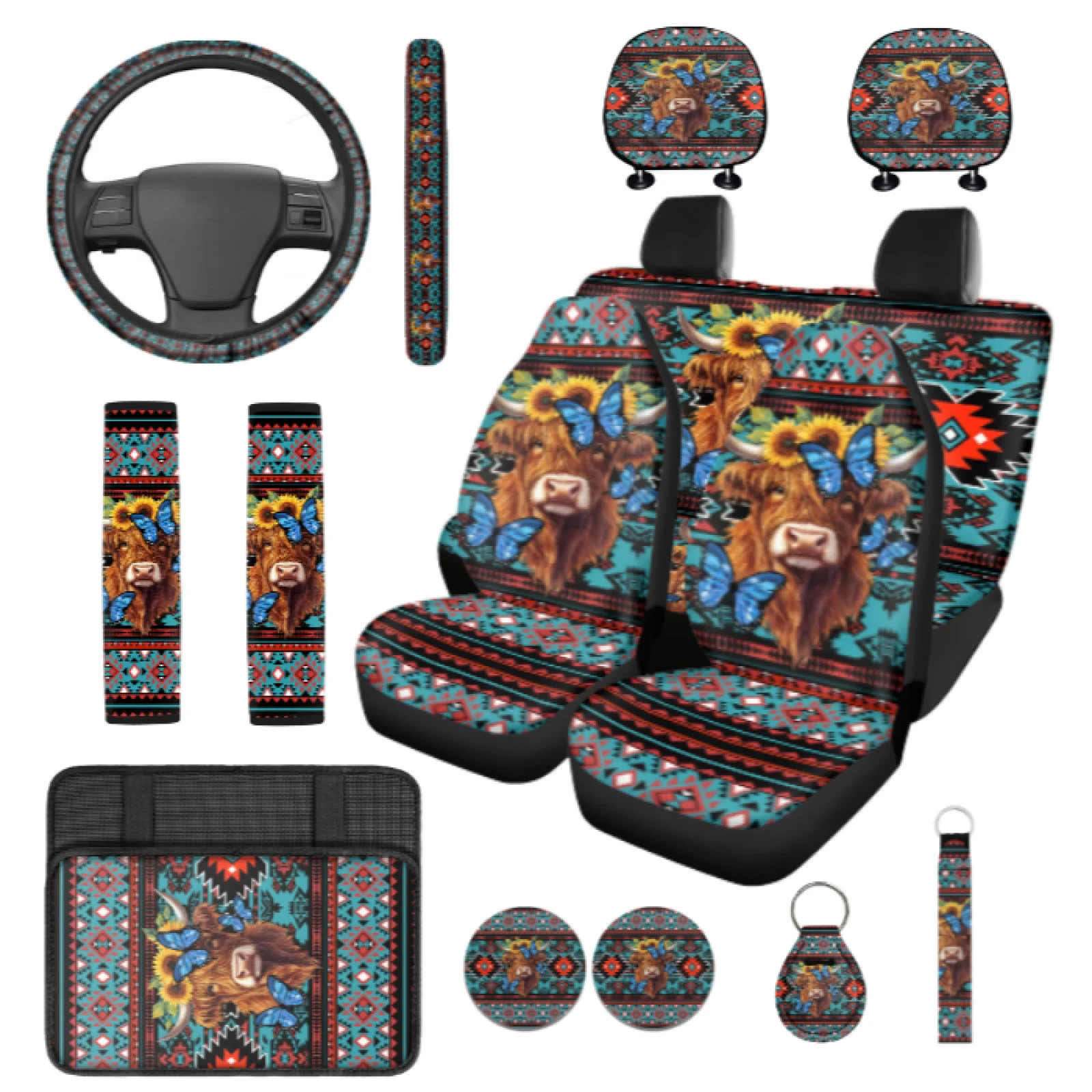 Coloranimal Geometric 14 Pack Automobile Seat Covers Set with Anti-Fade Steering Wheel Cover and Cars Headrest Cover