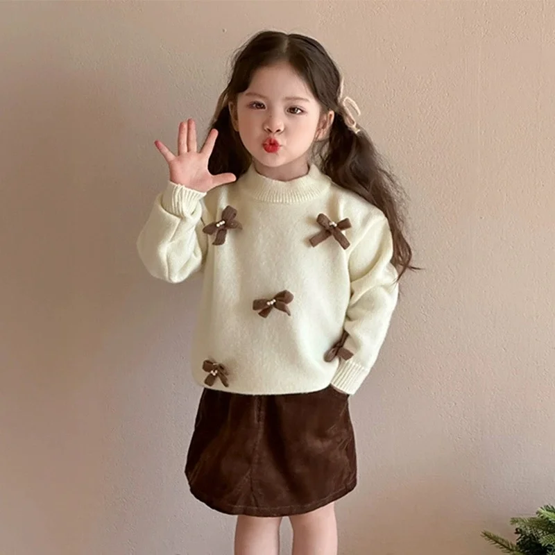 

Girls' Bow Sweater Autumn/Winter 2026 New Children's Korean Fashion Baby Girl Top Hooded Knitted Sweater Christmas Gift