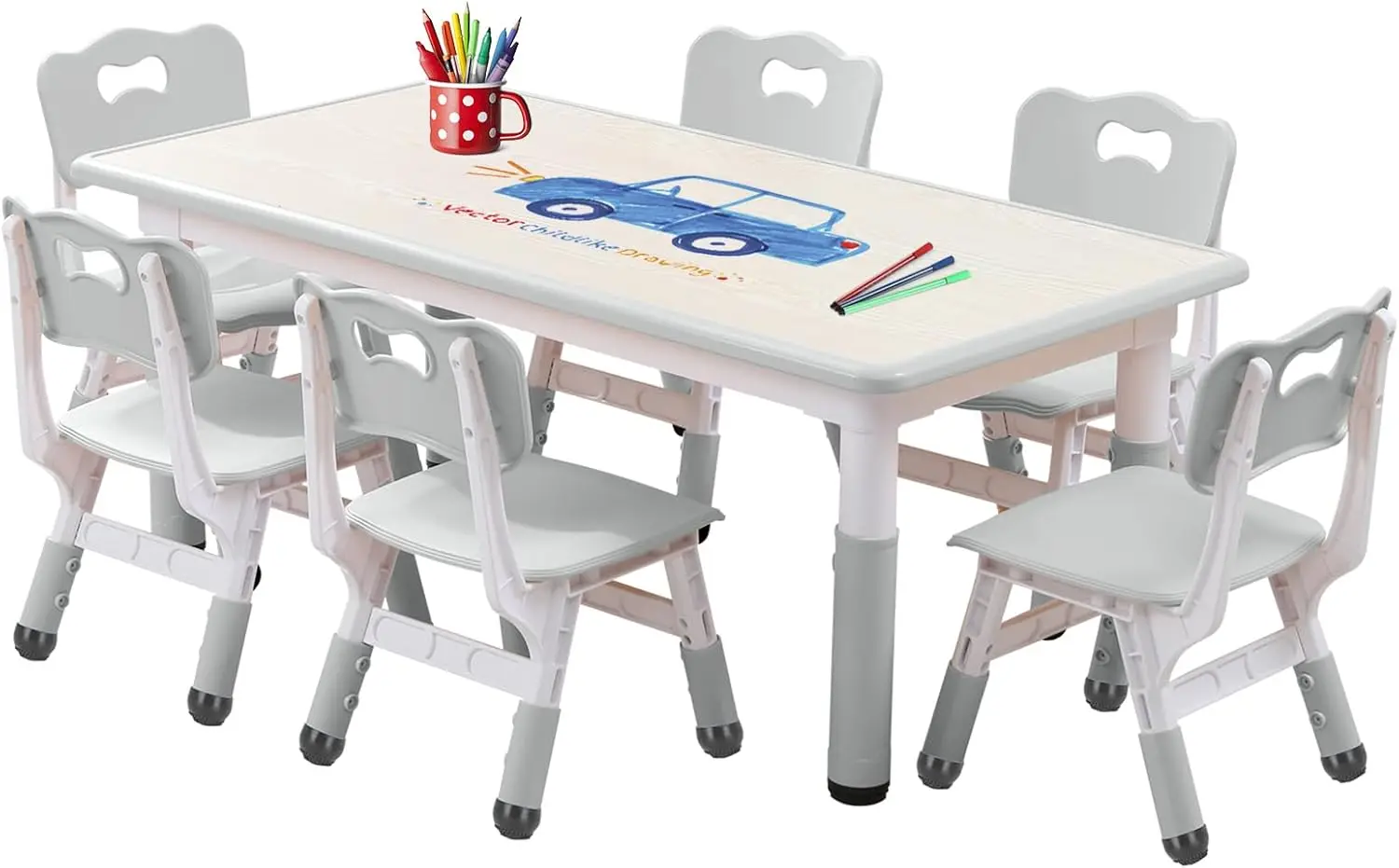 Table and Chairs Set, Height Adjustable Desk With 6 Seats for Ages 2-12,Arts & Crafts Table,Graffiti Desktop, Non-Slip Legs, Max