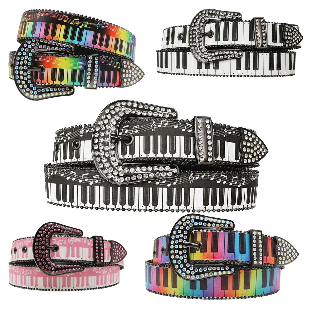 western-full-diamond-buckle-piano-keyboard-pu-leather-unisex-belt-music-theme-printed-belt