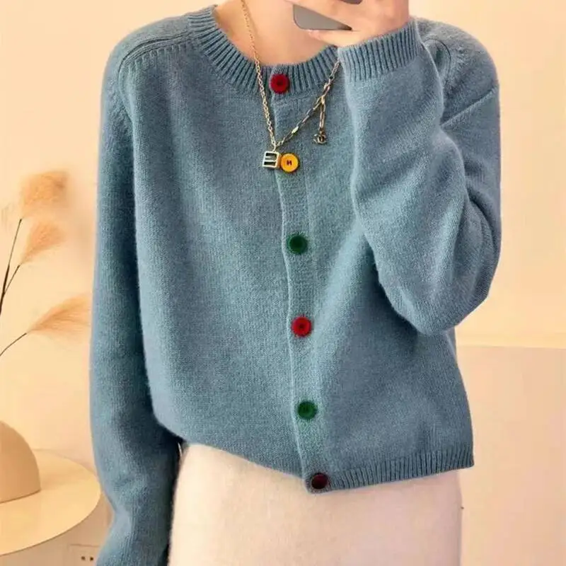 

Loose Round Collar Knitted Cardigan Women Colorful Button Chic Streetwear Tops Autumn Y K Vintage Long Sleeve Sweater Coat