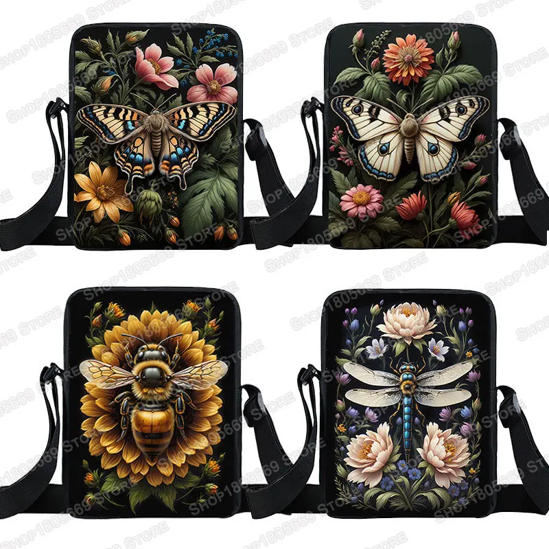 Cute Bee Dragonfly Moth Butterfly Print Crossbody Bags Fantasy Honey Bee Flowers Boy Girls Shoulder Bag Student Bookbags Gift