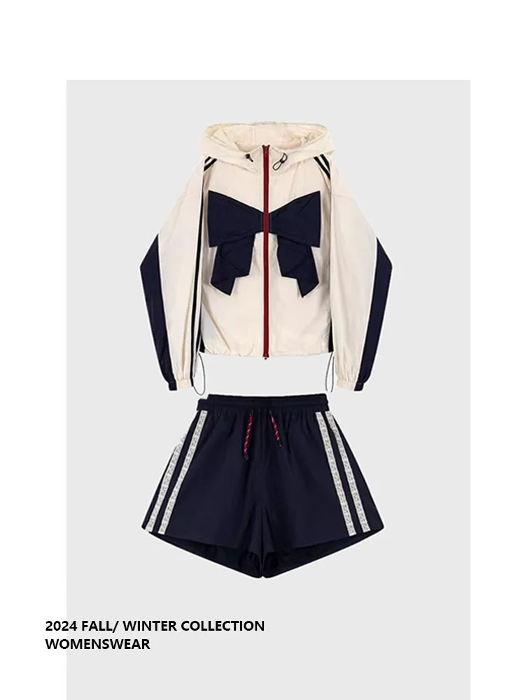 

Forever 21 Campus Style Color Block Jacket Knot Design Women's Two Piece Set Summer New Arrival Fashionable plus Size