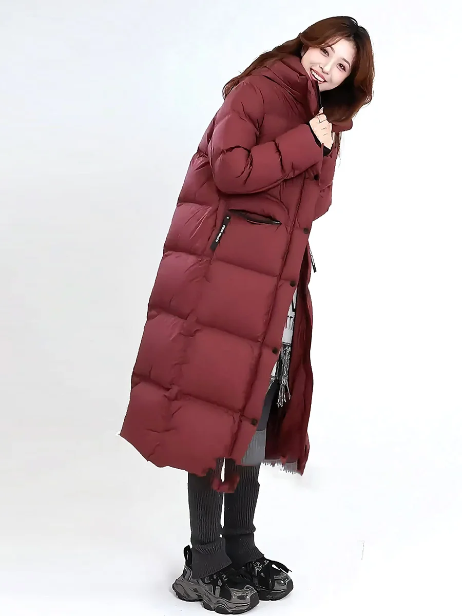 

Модная женская удлиненная куртка-пуховик с капюшоном и воротником-стойкой, до колен, повседневная, утепленная, белая, с наполнителем из утиного пуха