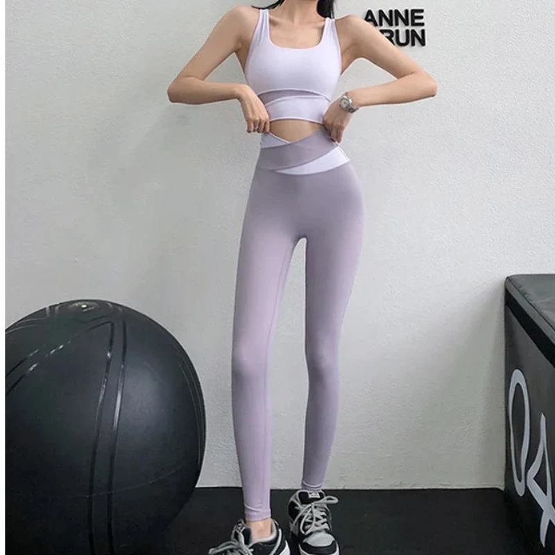 2PCS Women High Waist color clash Yoga sets Leggings Sports Gym Suits Sexy Bra Fitness Workout Sportswear Seamless pants