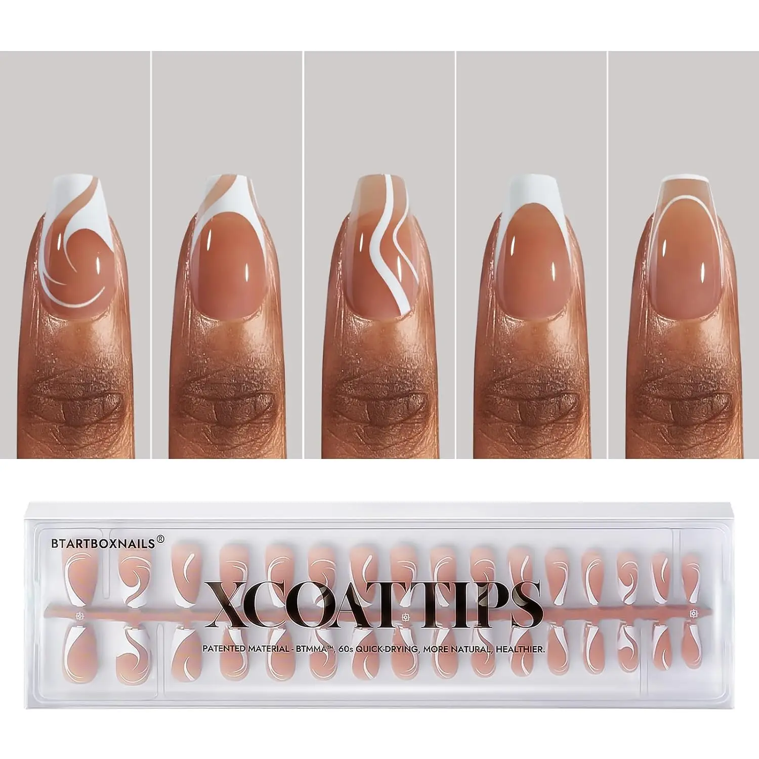 French Tip Press on Nails – 5 Stile Short Coffin, Swirl Gel Tips, Ultra Fit Fake Nails für Nail Art