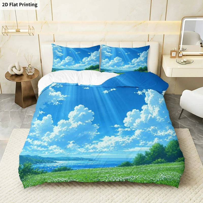 

3PCS Duvet Cover, 1 Duvet Cover + 2 Pillowcases (Without Filler), Blue Sky Meadow