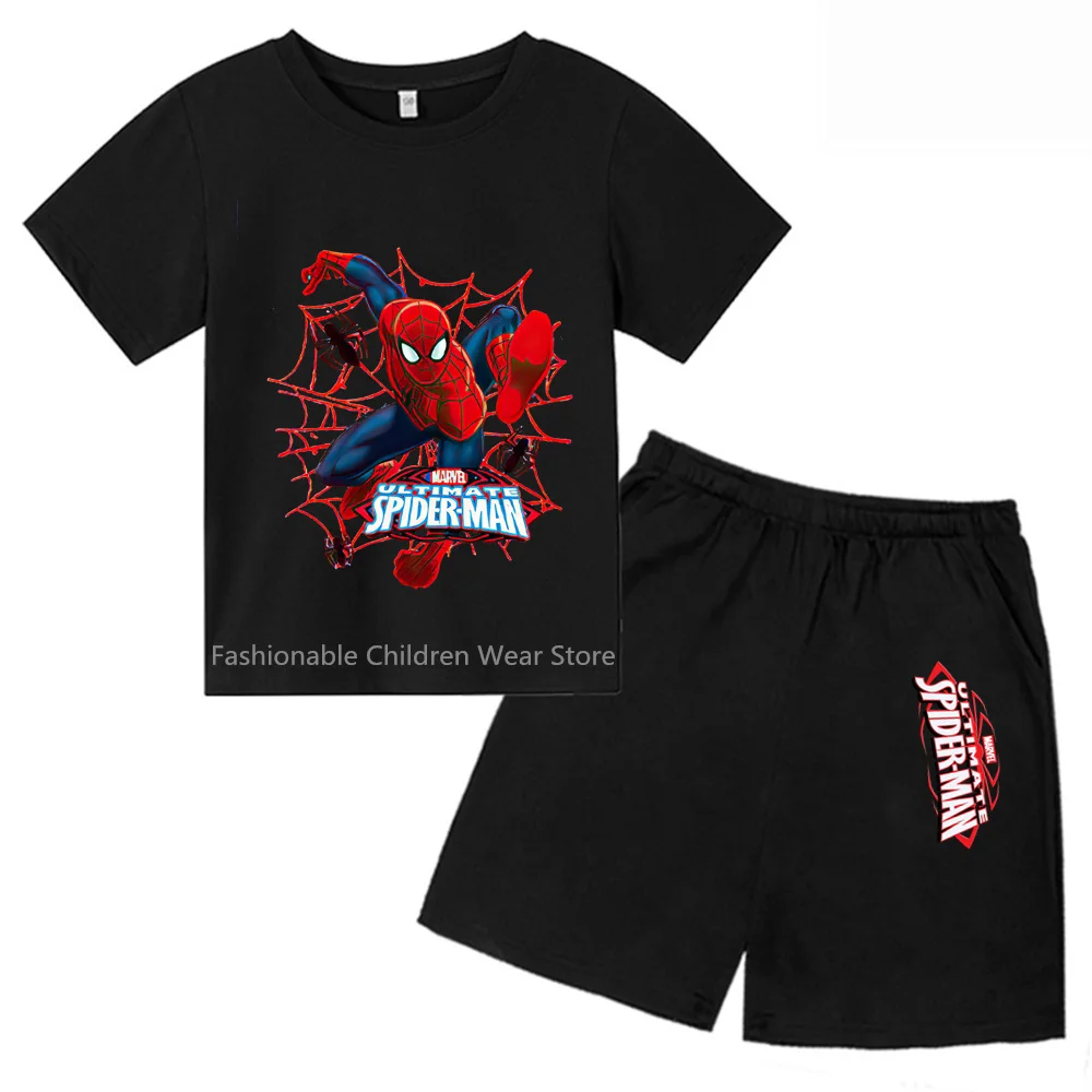 Marvelous Avengers Q-Edition Spider-Man Cartoon Design Kids' T-shirt and Shorts Duo - Chilly & Stylish for Summer Adventures