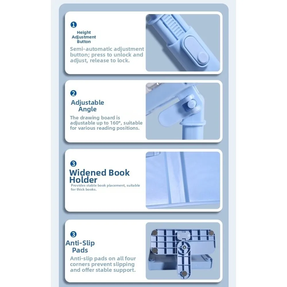Adjustable Angle Height Desk Books Stand Multifunctional with Page Clip Cooking Bookstands Extendable Non-Slip Base