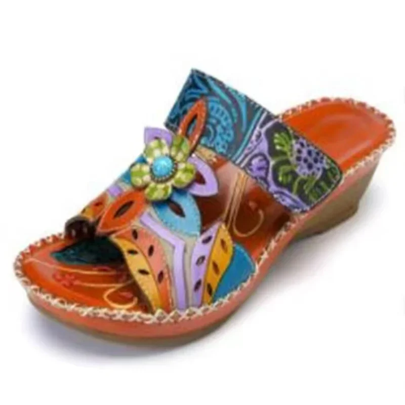 2023 Fashion Shoes for Women Slip-on Wedges Women's Slippers Summer Ethnic Retro  Style Ladies Sandals Zapatillas De Mujer