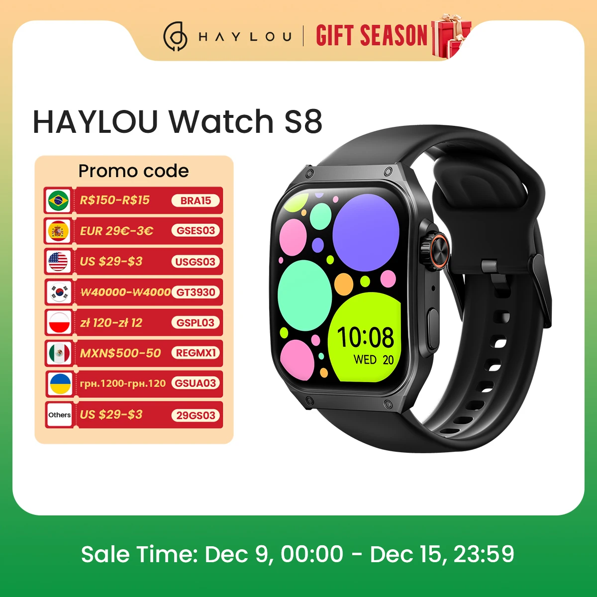 HAYLOU Montre intelligente à écran incurvé AMOLED pour homme, Smart Watch S8, Appel Bluetooth, Assistant vocal AI, BT5.3, 1.96, 20 jours d\'autonomie