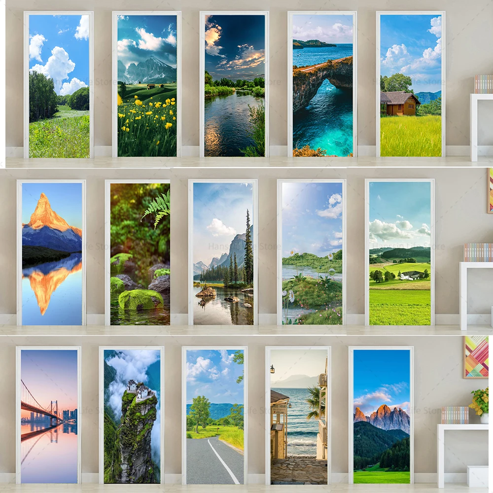 Summer Landscape Door Stickers Fresh and Cool Nature Poster Matte Film Vinyl PVC Self-adhesive Decorative Elevator Door Stickers