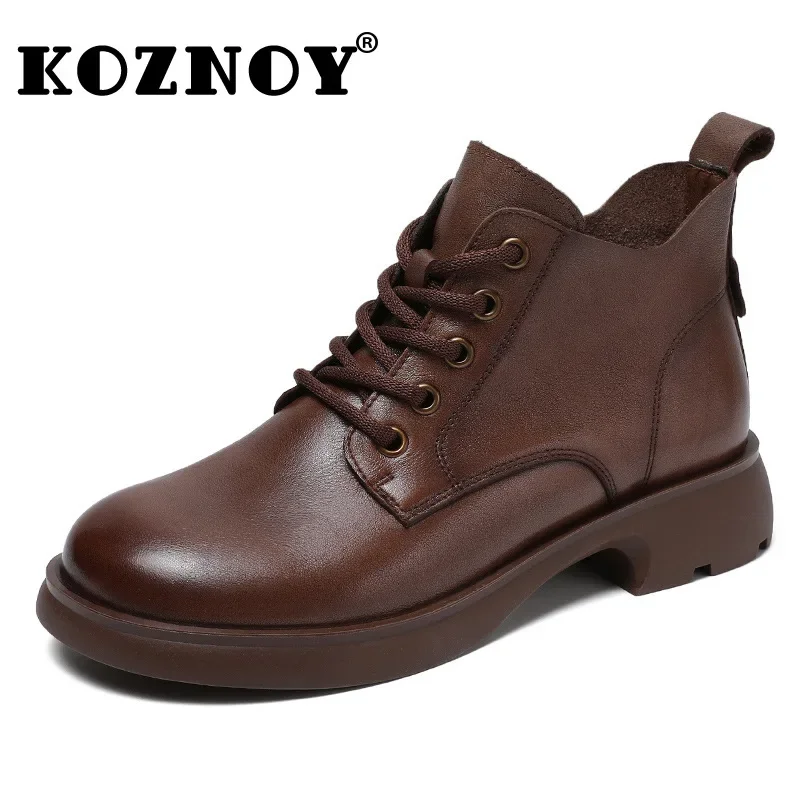 Koznoy 3,5 cm cuero genuino de felpa plataforma de moda cuña otoño botines cálidos mujeres étnicas invierno primavera zapatos huecos de verano