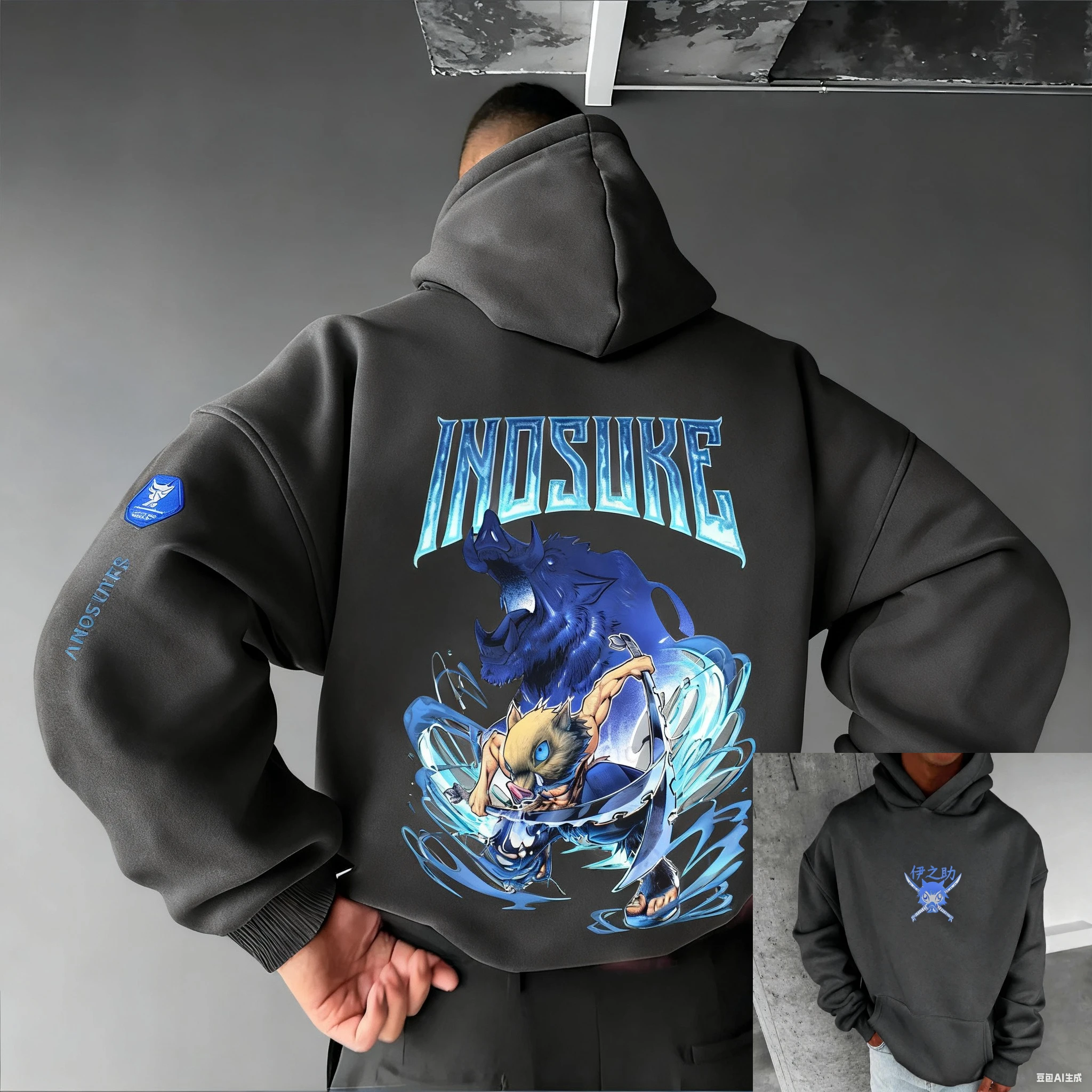 بانداي 2026 جديد شيطان القاتل كيميتسو نو يابا إينوسوكي مطبوعة الرجال سترة دافئة الوالدين والطفل حجم كبير فضفاض كم طويل #2