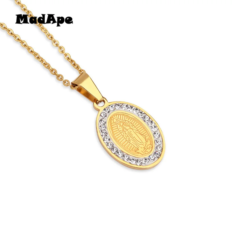 MadApe Classic Jesus Pendants Necklace Gold Color Stainless Steel With Zircon Sweater Chain Cross Ncklace For Women Jewelry Gift