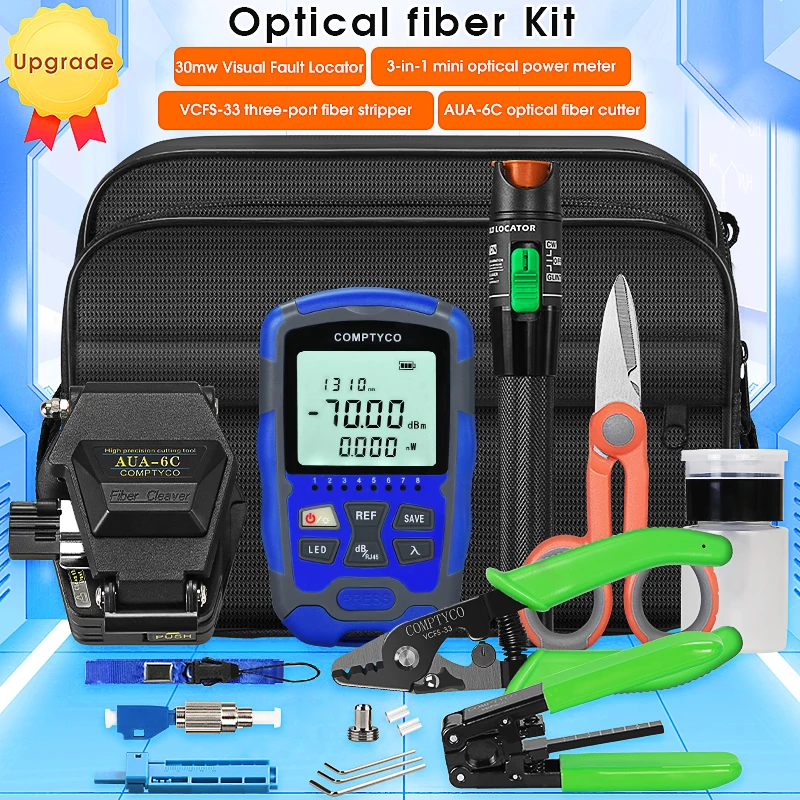 COMPTYCO 21pcs/set FTTH Fiber Optic Tool Kit with M7 OPM-70~+10dBm Optical Power Meter 30mw Visual Fault Locator AUA-6C Cleaver