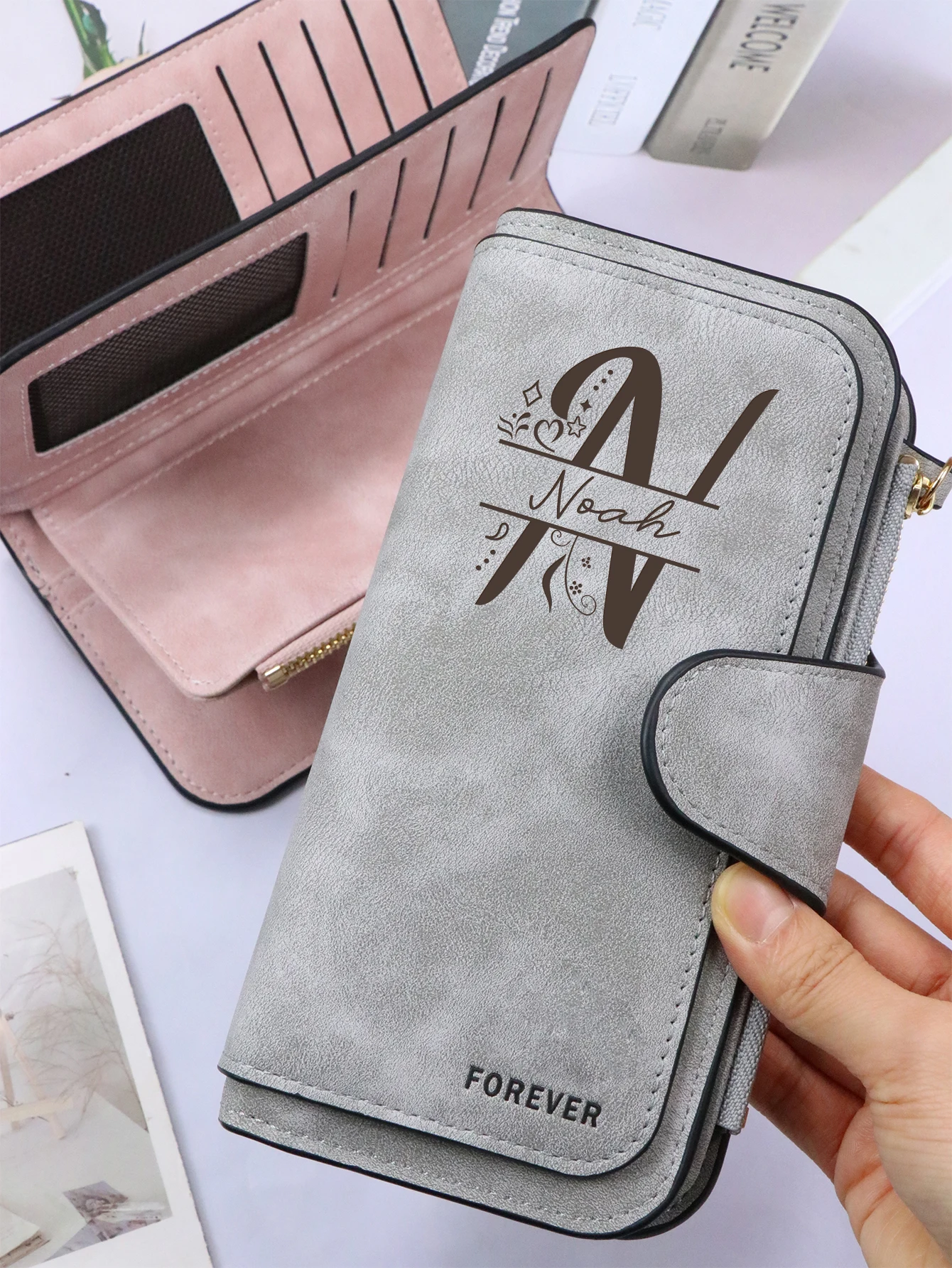 Personalisierte Geldbörse mit Initialen, Geschenk zum Valentinstag, lange Geldbörse mit Reißverschluss für Damen und Herren – Detail 3
