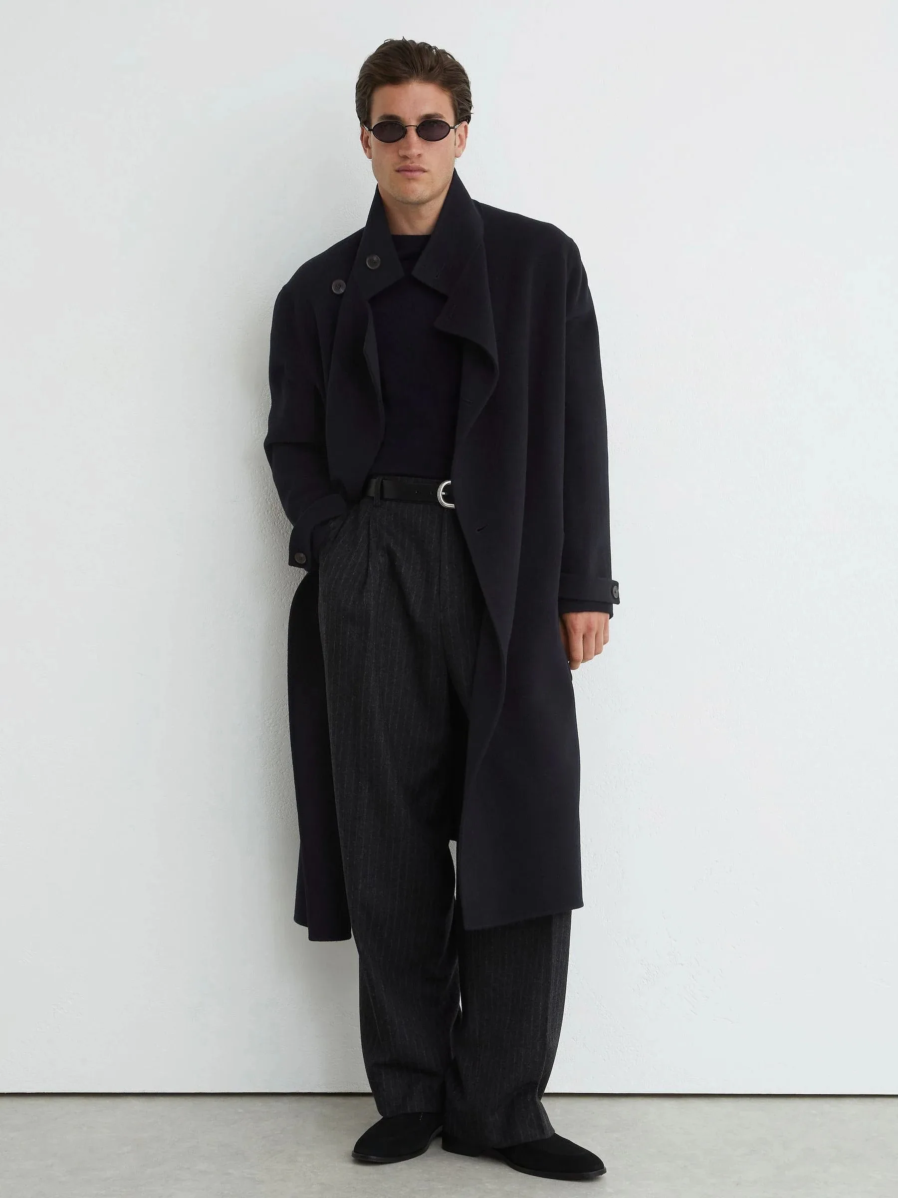 Luxury Black Wool Asymmetrical Long Coat with Belted Waist and Stand Collar Men Autumn Overcoat Customized E26148