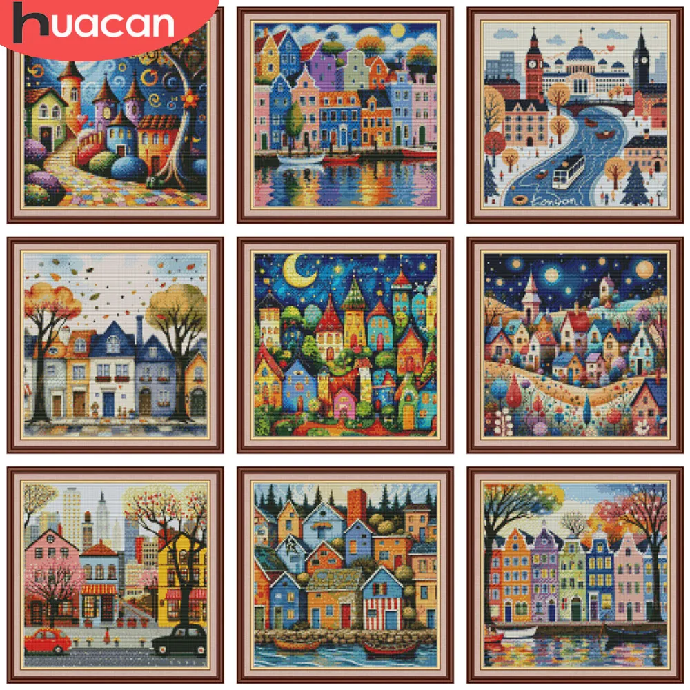 HUACAN Stickerei-Sets Hauslandschaft Cartoon Kreuzstich 11CT DMC-Faden Nadelarbeit Heimdekoration Kunsthandwerk