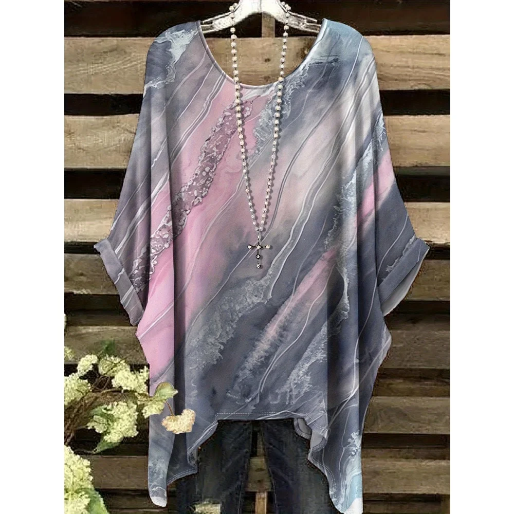 

Women's Elegant Stripe Grid Gradient Print T-Shirt Casual Vacation Style Round Neck Irregular Hem Short Sleeve Women's Clothes