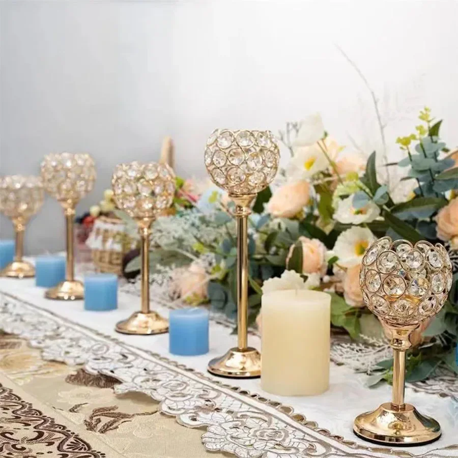 Golden Crystal Candle Holder Tealight Candlestick Table Centerpiece Candle Stand Christmas Wedding Party Home Decoration