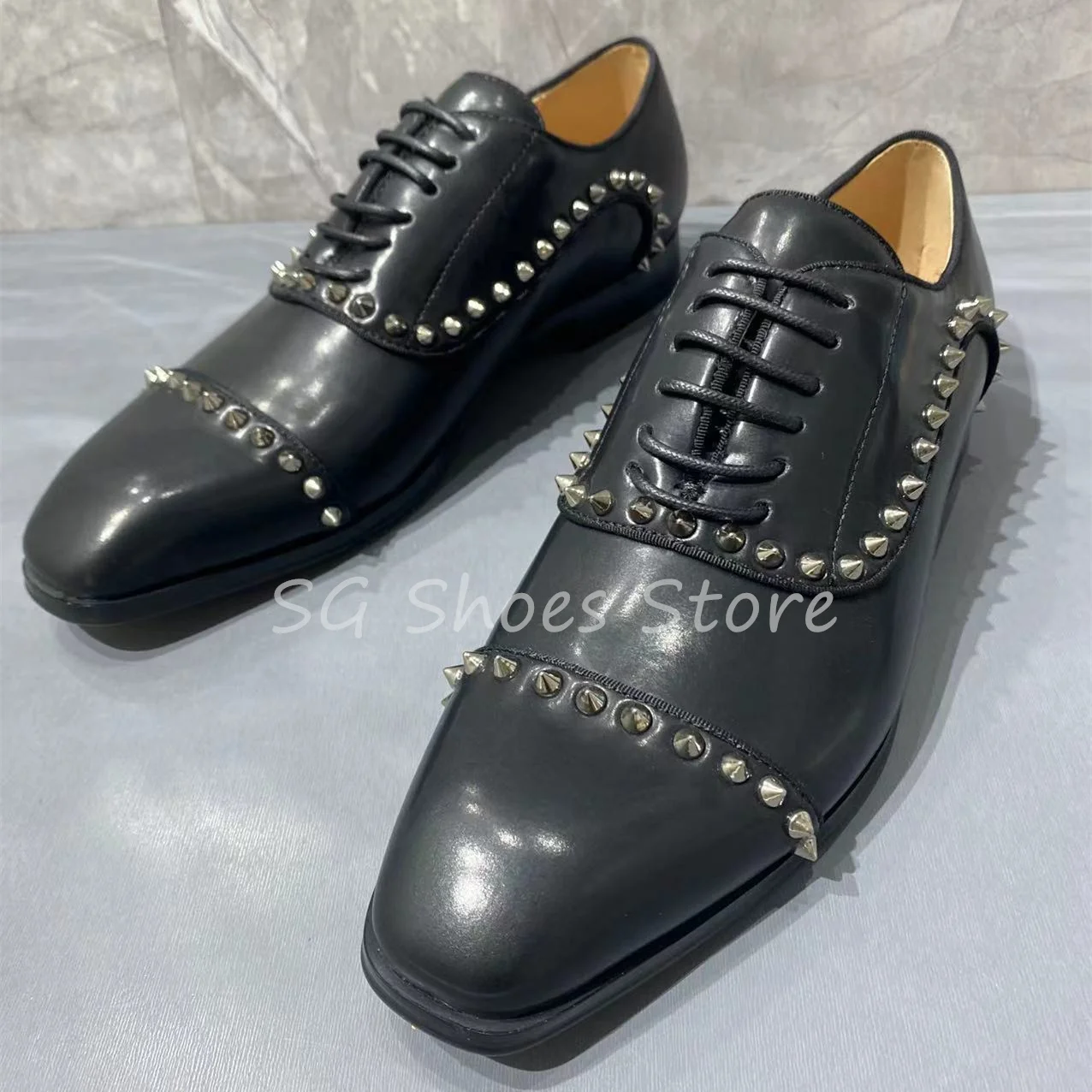 

Luxury Genuine Leather Rivet Decor Oxfords for Men Wedding Dress Shoes Square Toe Lace-Up Loafers Male Business Derby Shoes