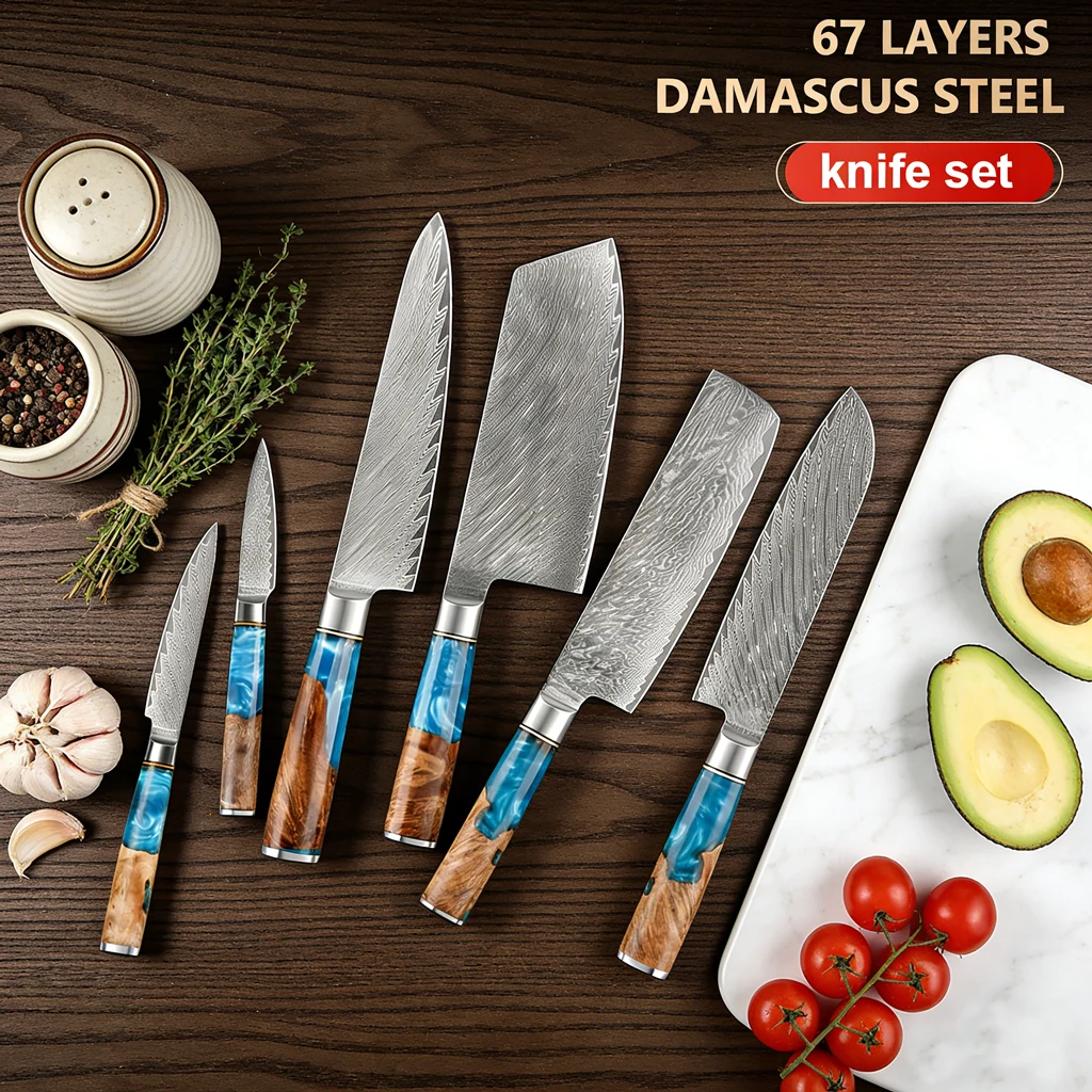 

1-6Pcs Set Japanese kitchen knife set Damascus Steel Set for Meat Cutting Sushi Peeling Blue Resin Wood Handle