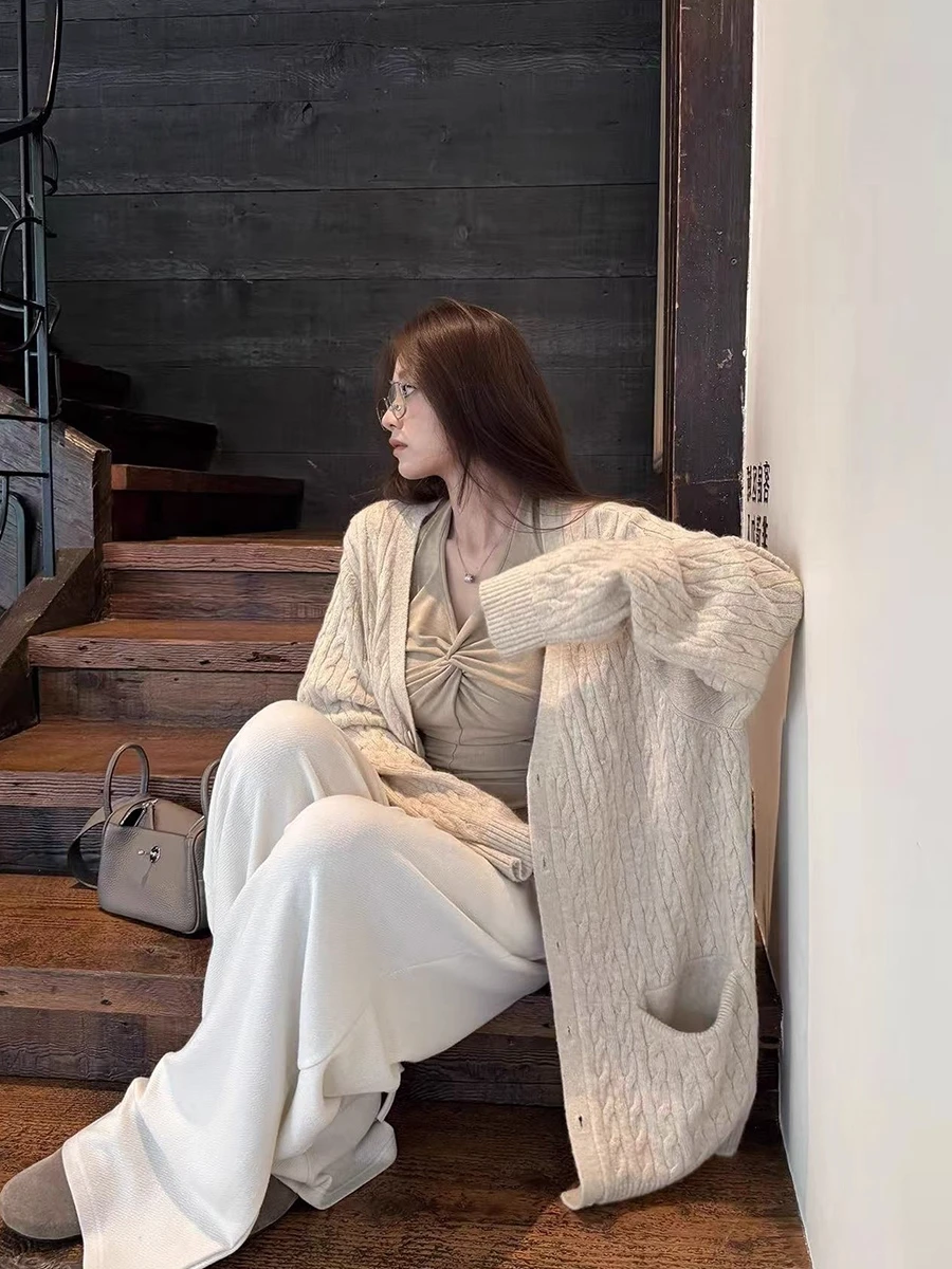 ルーズニットツイストセーターコート レディース 秋冬 ミディアム丈 Vネック ロングスリーブ ソフトで快適なカジュアルアウター