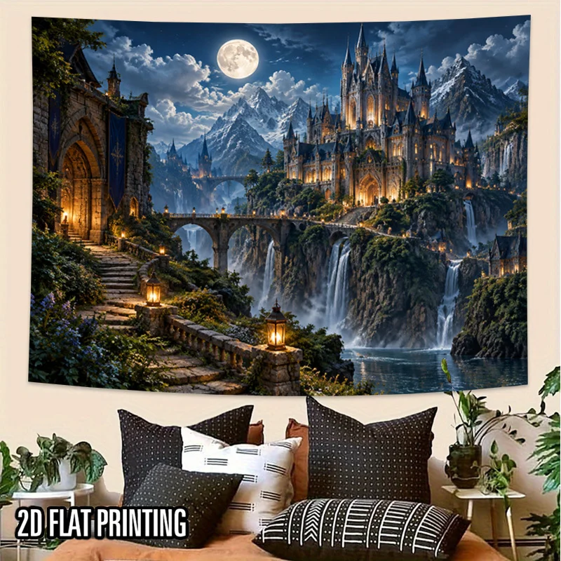 Fantasy Night Castle Tapestry Wall Hanging,Cliff Waterfall Full Moon Gothic Palace Print for Party Study Room Wall Hanging Decor