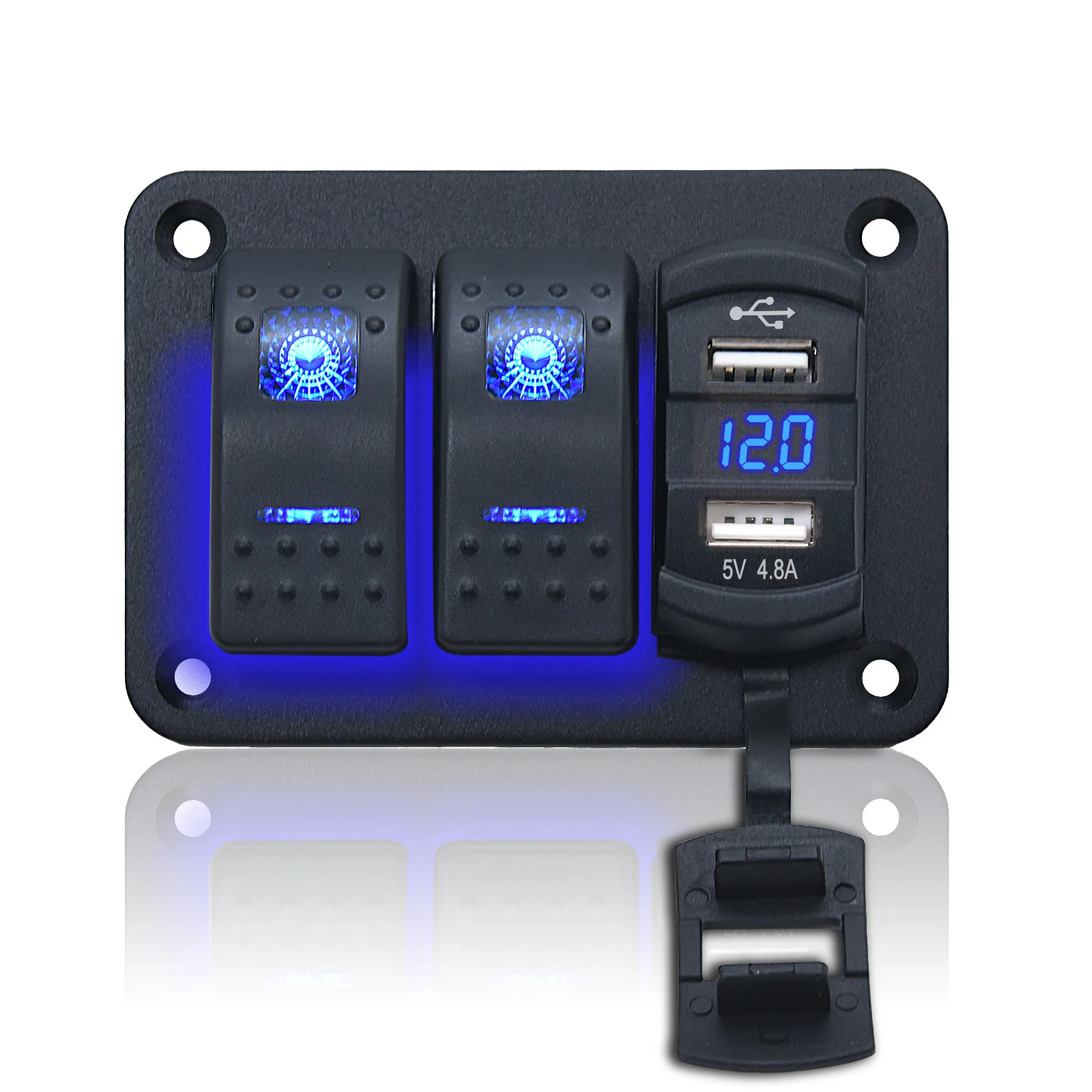 2 Gang ON Off Rocker Switch Panel with 4.8A Dual USB Charger Socket LED Digital Voltmeter Car Marine Boat LED Switch Panel