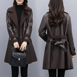 Plus Size PU Leather Jacket Women's Loose Belt Casual Outerwear Autumn 2025 Thick Warm Fur Lady Trench Coat KE5922