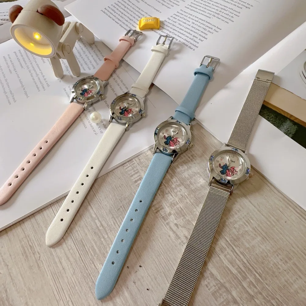 Disney Lilo & Stitch Diamond Quartz Watch for Women Girls Fashion Steel Belt Wristwatches Anime Figures Toys Kids Birthday Gifts