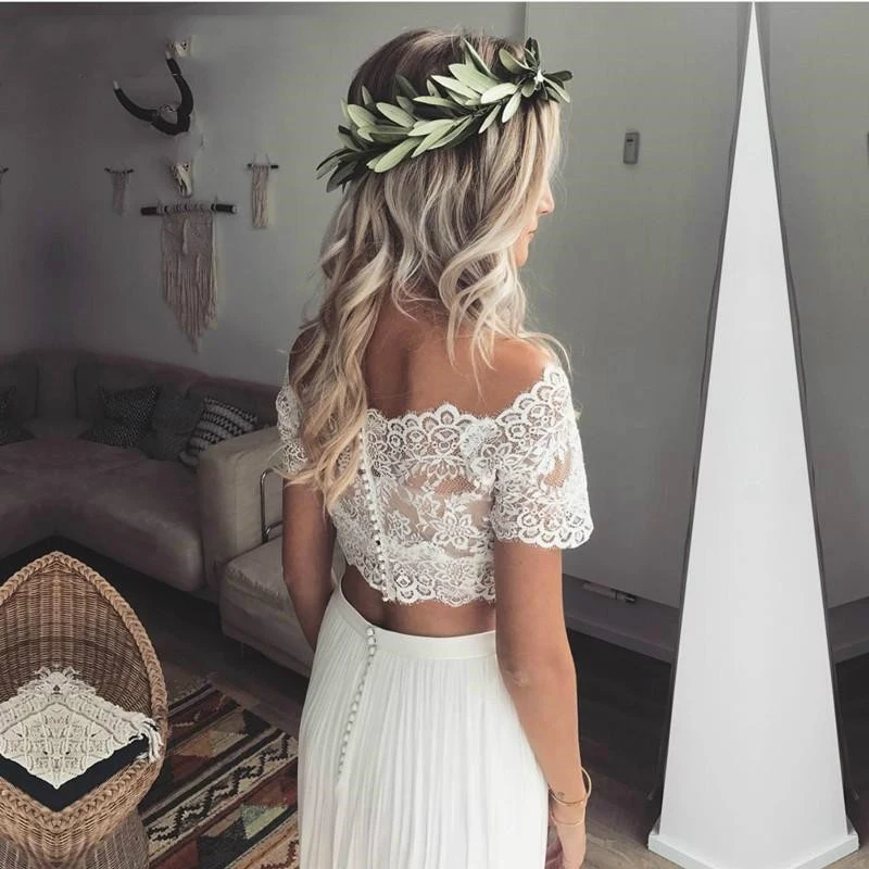 2 pezzi Boho Beach Abiti da sposa Estate Chiffon di pizzo Bohemian Sposa Abiti da sposa Scollo a barca Manica corta abiti da sposa