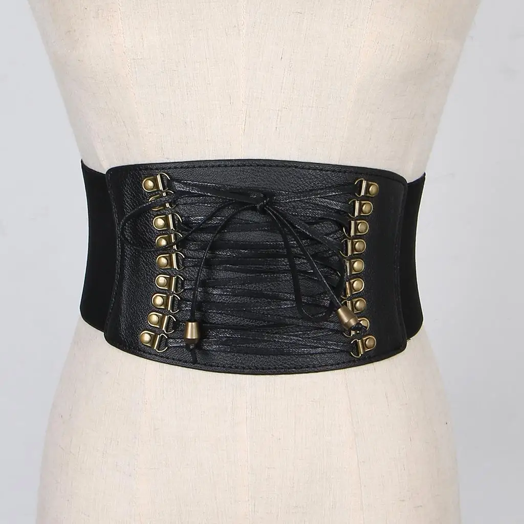 Vintage Artificial Leather Waist Belt Waspie Stretch Lace Up Corset