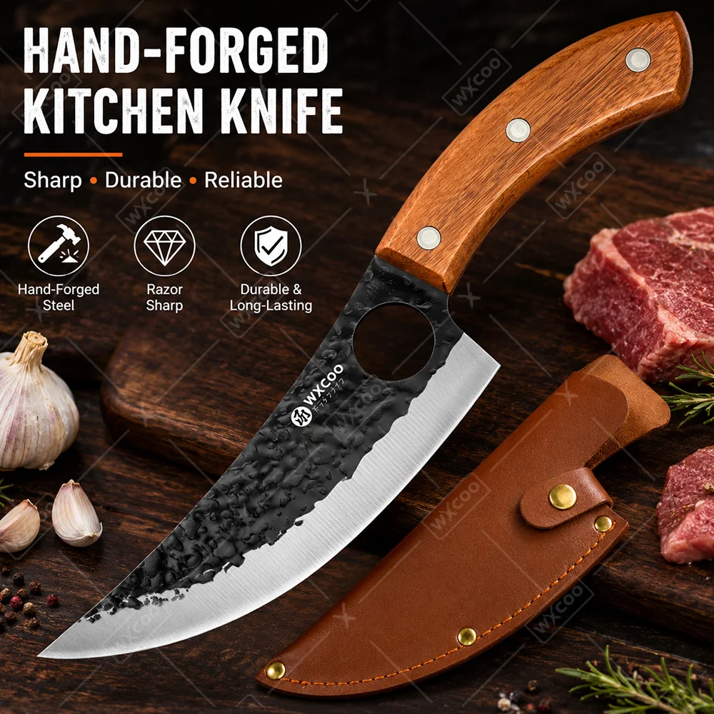 WXCOO Handgeschmiedetes Küchenmesser mit Gehämmerter Schwarzer Klinge und Ergonomischem Kirschholzgriff für die Heimküche und Fleisch- und Knochenverarbeitung