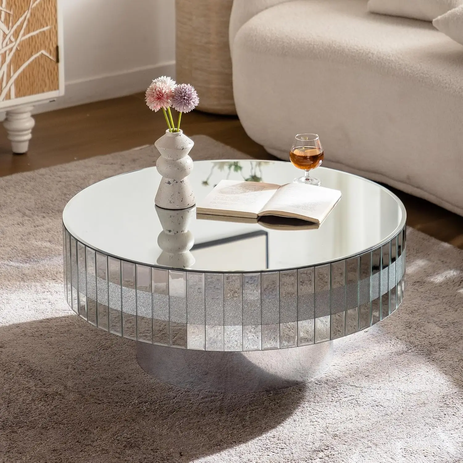 

30.91" Luxury Modern Round Mirrored Coffee Table - Silver Frame with Crushed Diamond Crystal Edge,