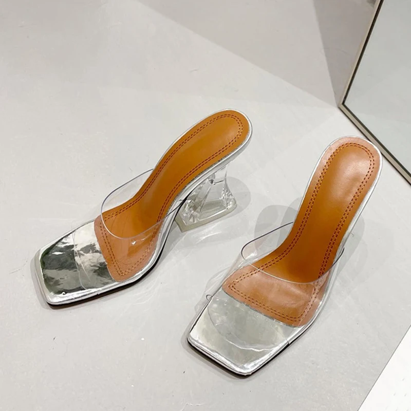 Fashion Clear Heels Slippers Female Mules Slides Summer Transparent Sandals Women Open Toe Orange Red PVC Jelly Shoes Size 35-42