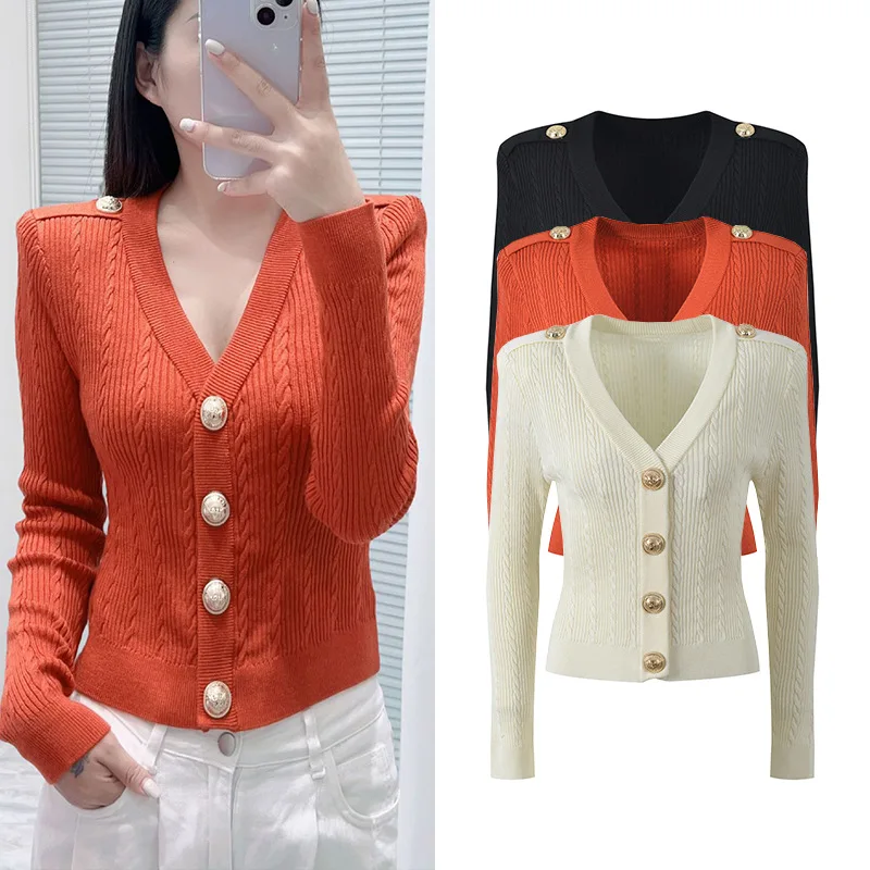 Slim Fit Malha Aberto Cardigan V Ne Metal Bule Design Ele Lady Sle Outono Inverno Nova Chegada Faionable Knitwear