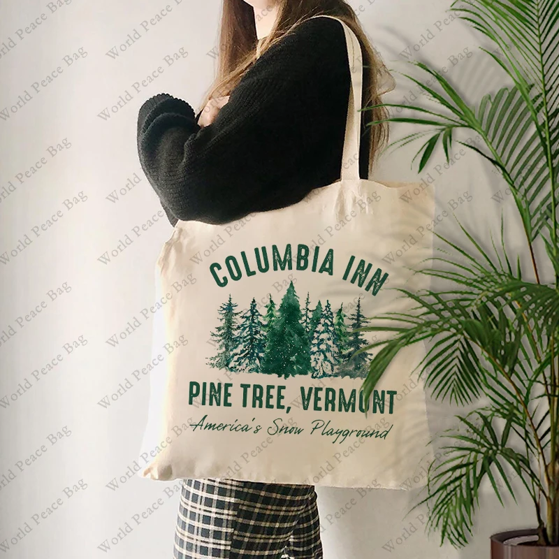 1 pc Columbia Inn Pine Tree Vermont Christmas pattern Tote Bag Canvas Shoulder Bag For Travel Daily Commute Women's Reusable