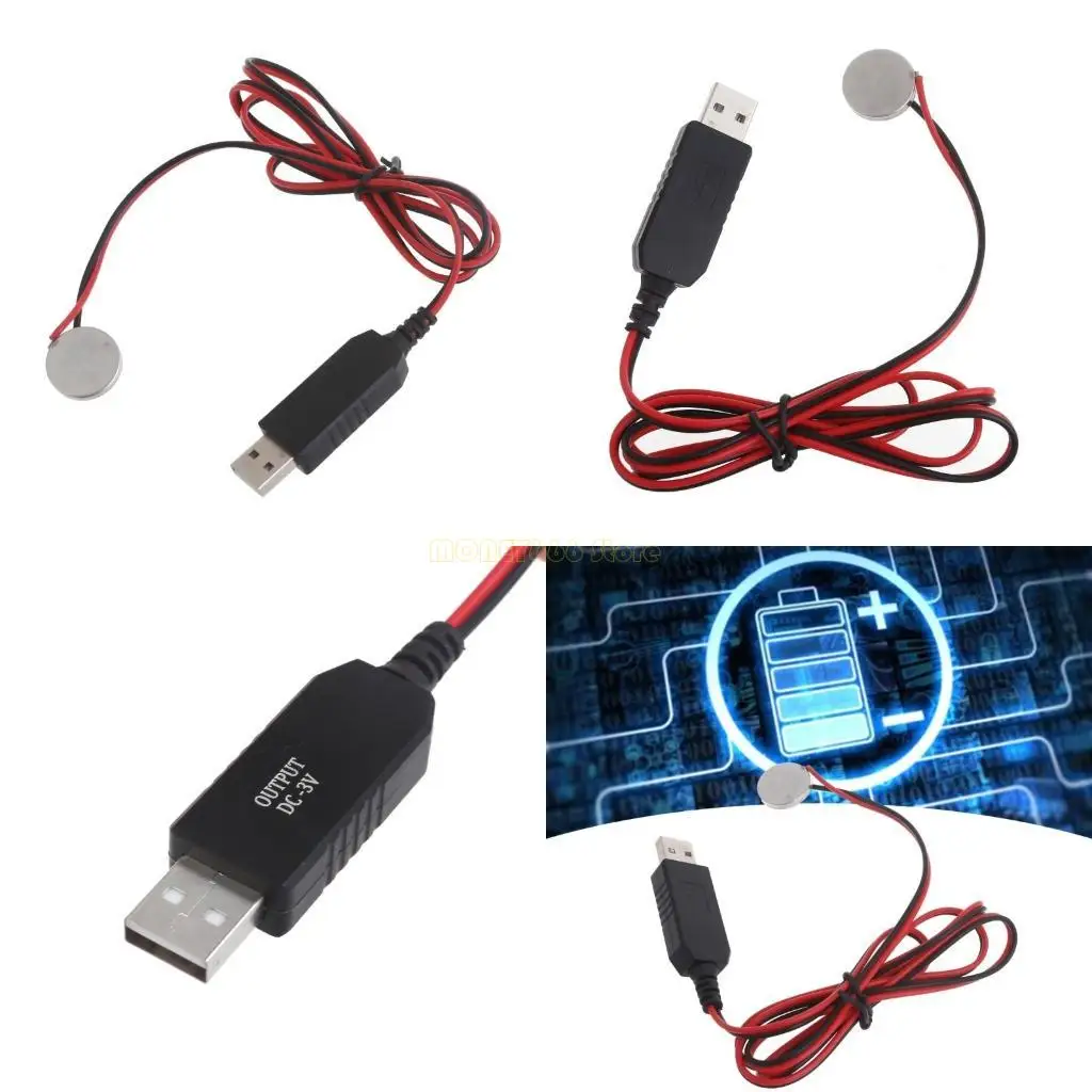 F62C 200cm USB to 3V CR2032 Fake Battery Cord Power Adapters Cable Instead of 1x CR2032 Battery for Watch Remote