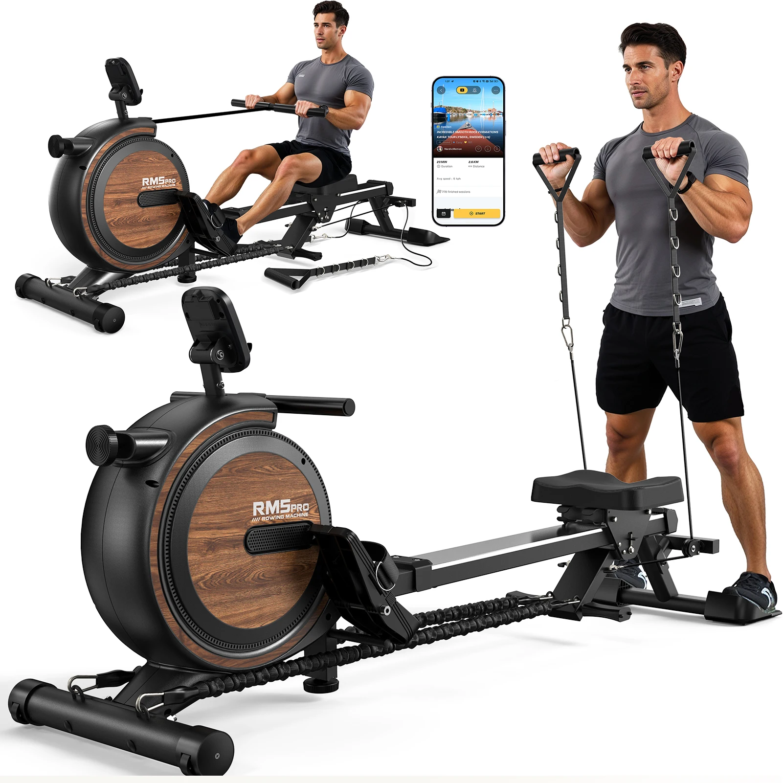 Magnetisches Rudergerät mit Einzigartigem Seilsystem, 2-in-1 Kardio- & Krafttraining, Bluetooth-Monitor, Tablet-Halterung, 160KG Maximalgewicht