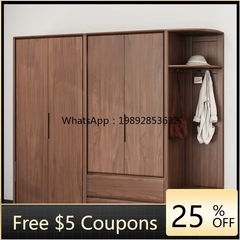 

YFY North American Black Walnut Solid Wood Wardrobe Light Luxury Natural Wood Closet Bedroom Swing Door with Top Cabinet