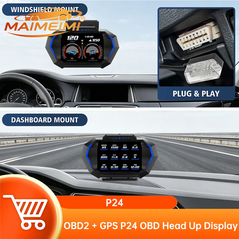 P24 Head Up Display Dual System Digtial Water Oil Temp Turbo Press lnclinometer HUD OBD2 Car Accessory On-board Computer Car