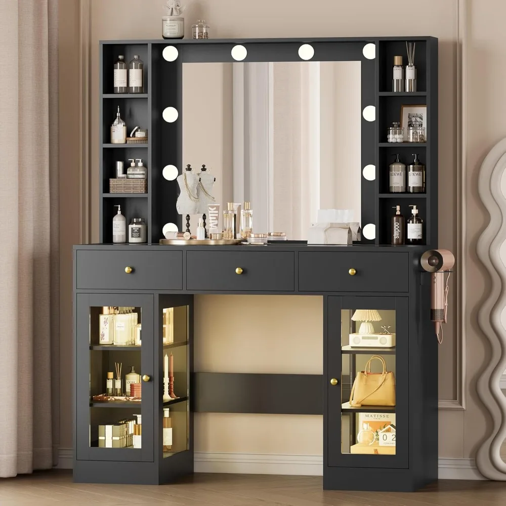 

Vanity Desk with Mirror and Lights, Black Vanity with Glass Top, LED Lights & Power Outlet, 3 Drawers & 2 RGB Glass Cabinets,