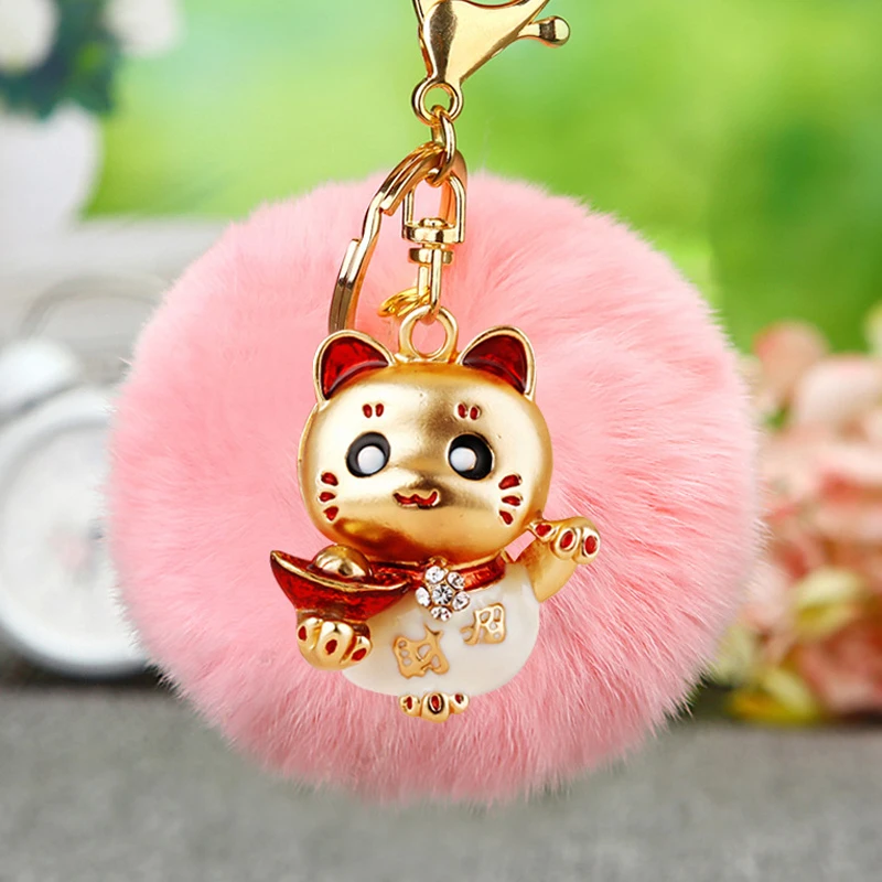 Diamond Lucky Cat Car Keychain Bag Pendant Metal Shiny Plush Accessories Gift