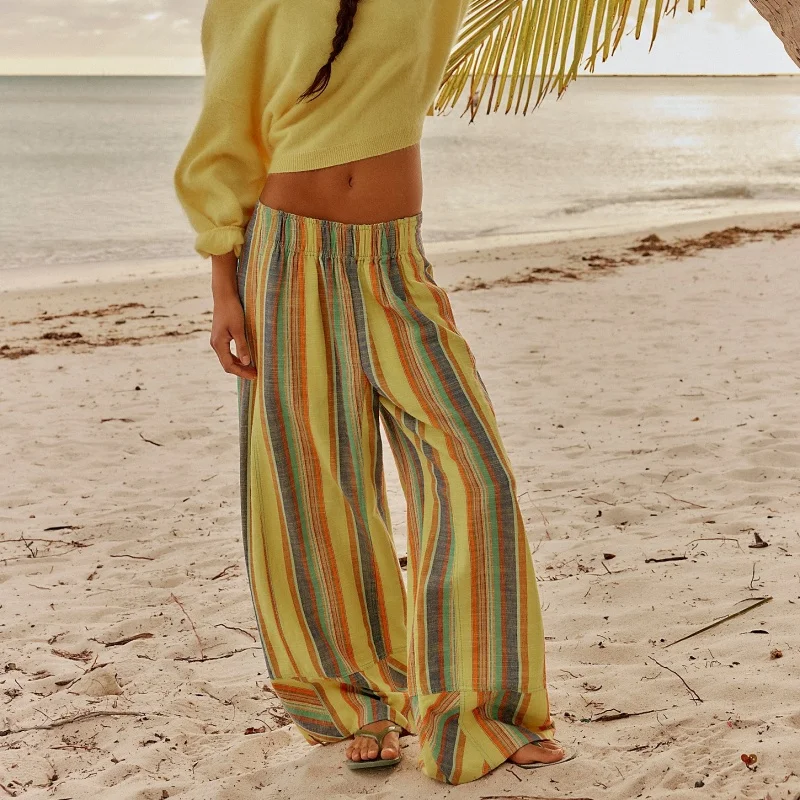 

Womens Vintage Striped Wide Leg Pants Summer Boho Pants Causal Elastic High Waist Long Lounge Trousers with Pockets Y2k Clothes
