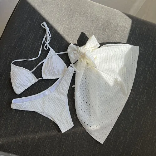 Traje de baño para mujer Falda de bikini de malla pequeña Conjunto de tres piezas Traje de baño dividido Bikini