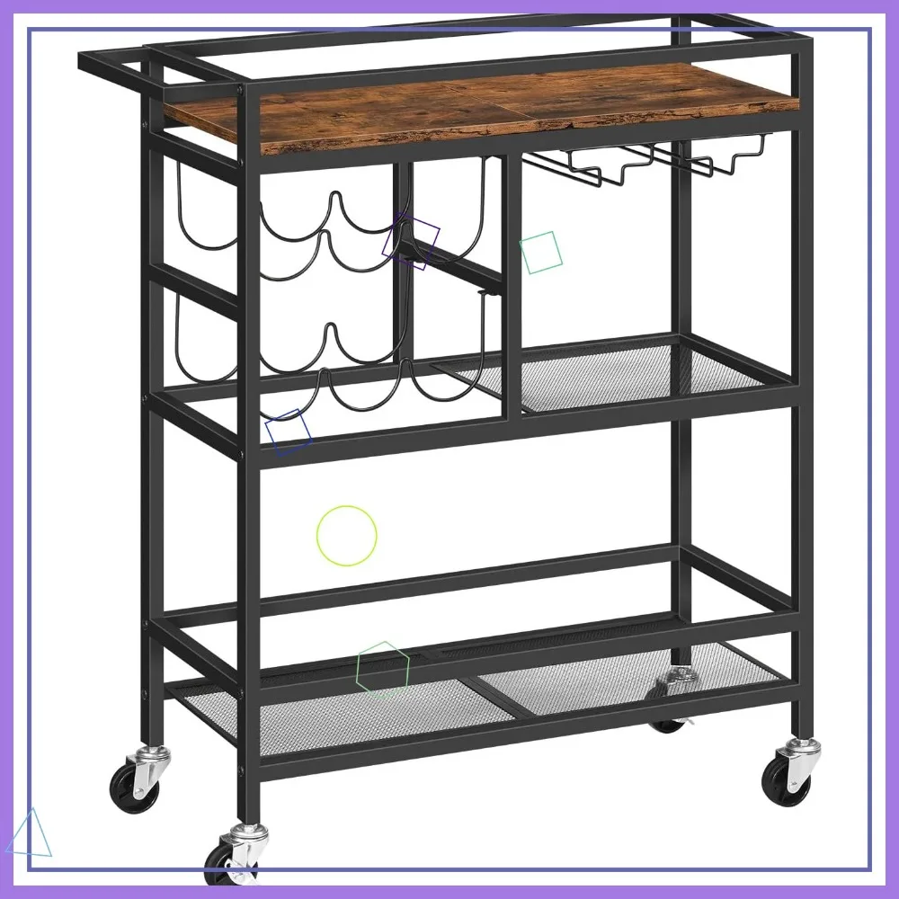 

3-Tier Rolling Bar Cart with Wheels, Wine Rack & Glass Holders - Rustic Brown Kitchen Beverage Serving Cart